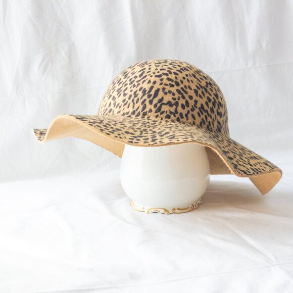 Wool Cheetah Leopard Print Women Wide Brim Floppy Hat Boho 70s Style Foldable ML - Picture 1 of 7